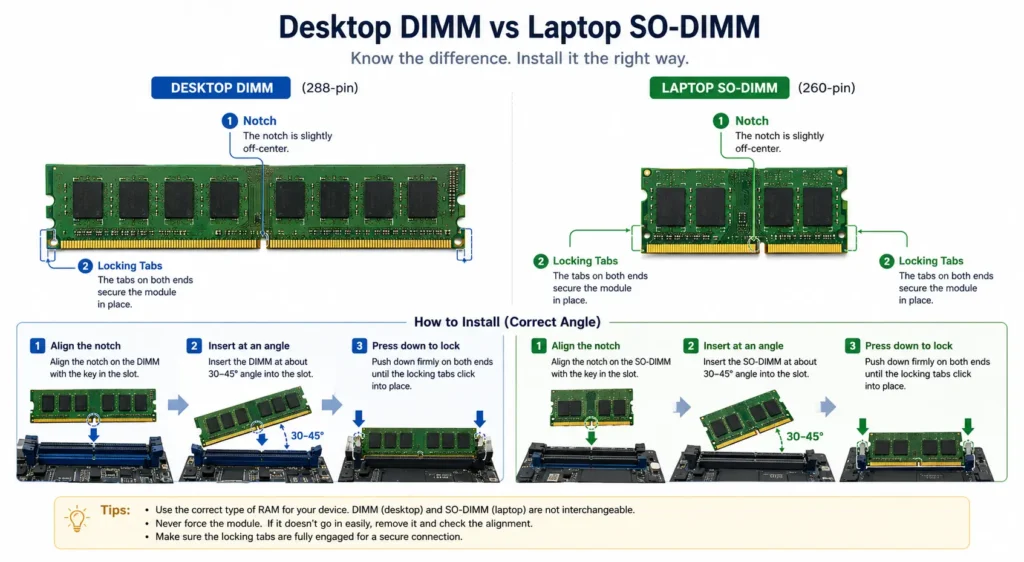 side-by-side illustration of a desktop DIMM and laptop SO-DIMM, including the notch, locking tabs, and correct installation angle.