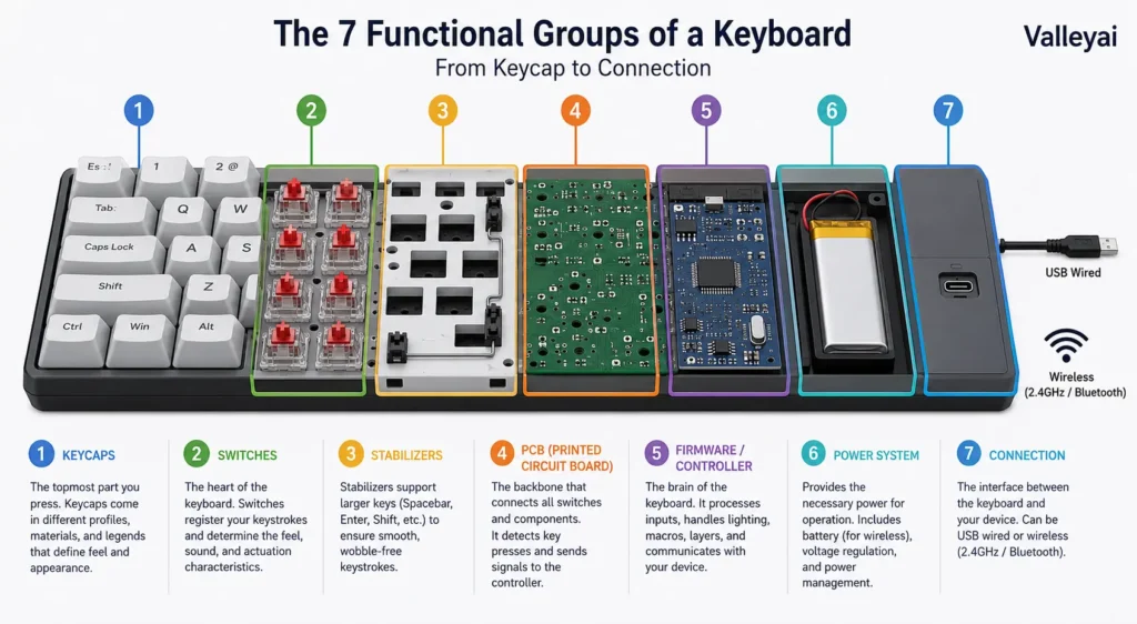 a labeled cutaway keyboard diagram showing the seven functional groups from keycap to USB or wireless connection.