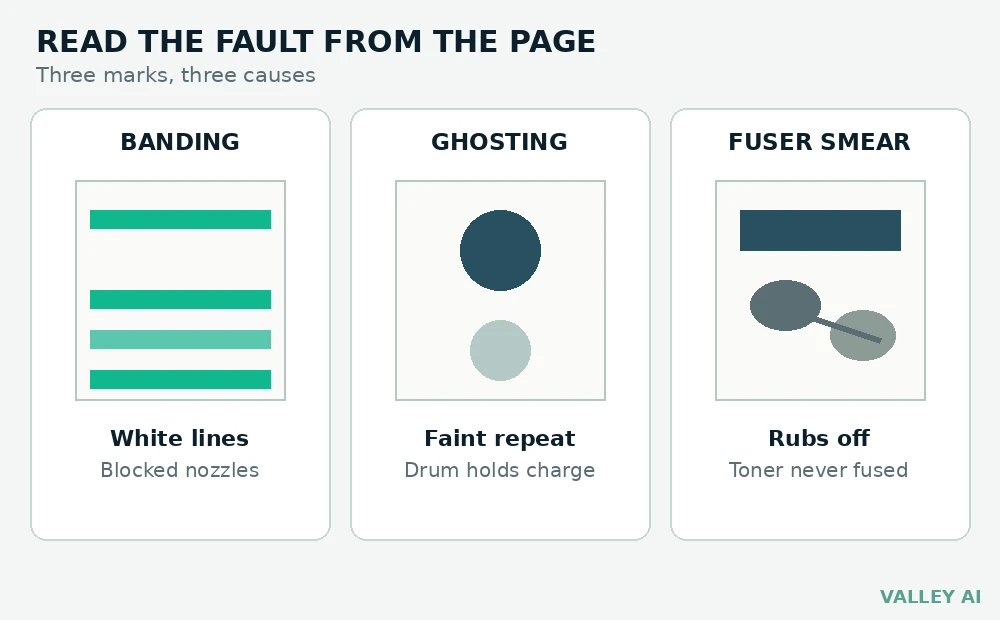 Print fault guide showing banding, ghosting, and fuser smear on sample pages
