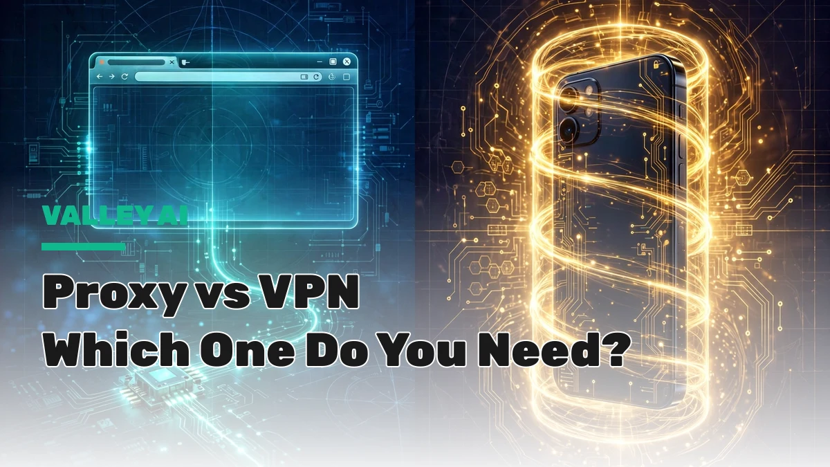 Illustration comparing a proxy routing one app with a VPN tunneling a whole device