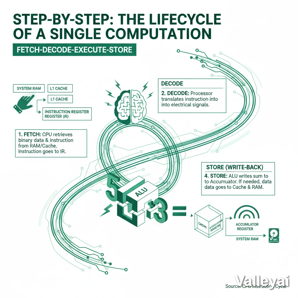 Step-by-step infographic: CPU Fetch-Decode-Execute-Store cycle for data computation lifecycle.