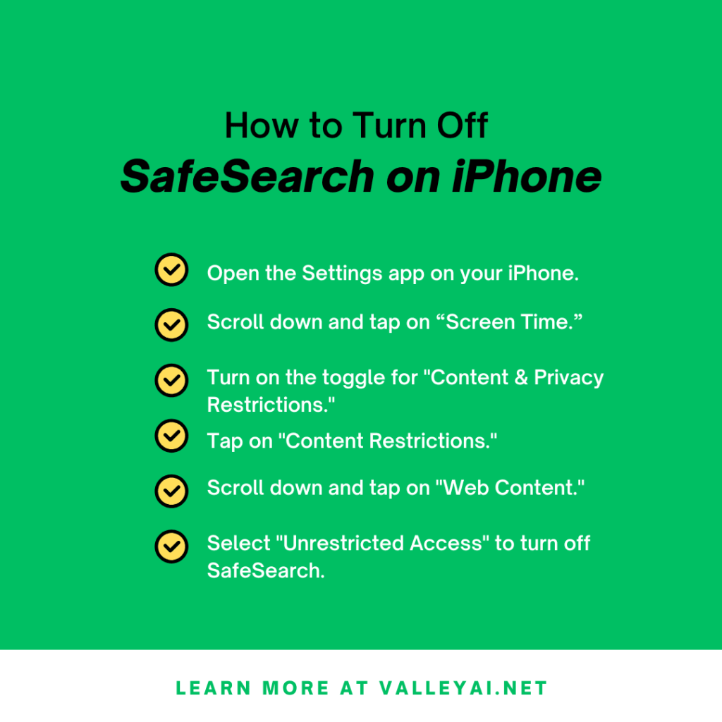 How to Turn Off SafeSearch on iPhone: All settings with bullet points written on this picture. 