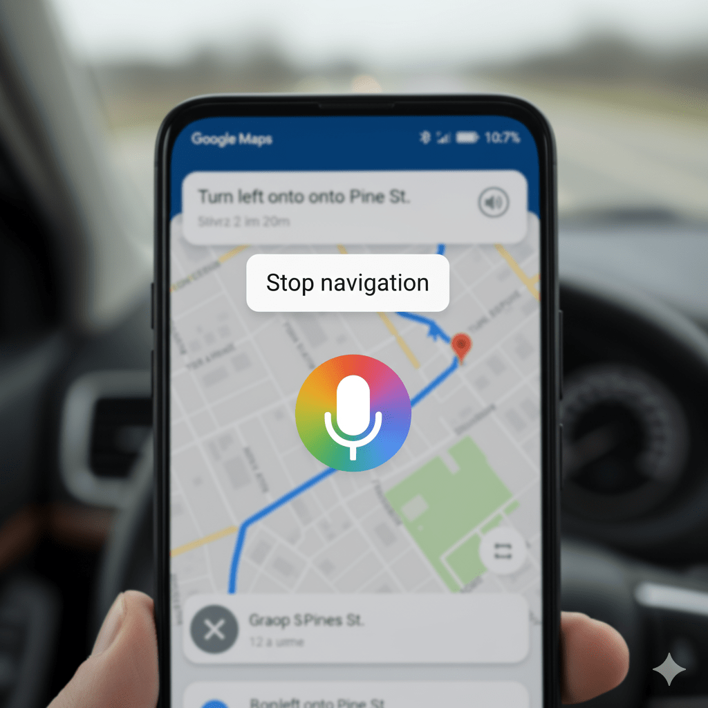 Image screenshot: Google Maps navigation screen with Google Assistant microphone icon active, possibly showing a text bubble with Stop navigation command