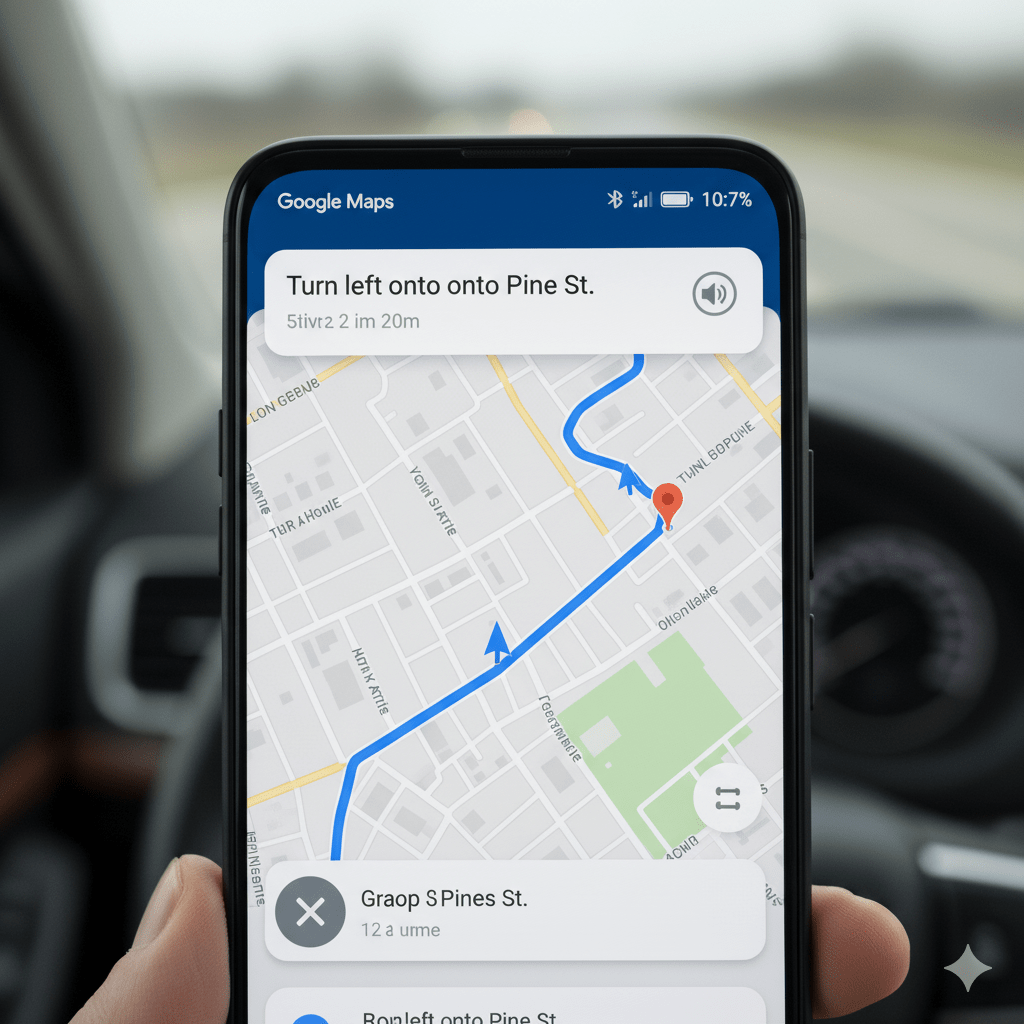 Image screenshot: Google Maps navigation screen with a mute icon visible, indicating voice guidance is off