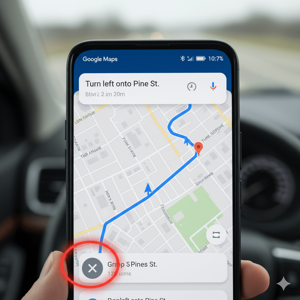 Google Maps navigation screen with the 'X' button in the lower-left highlighted