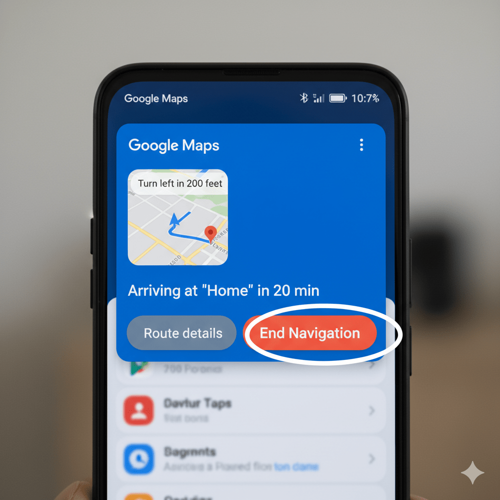 A phone's notification shade showing an active Google Maps navigation notification with a 'Stop' or 'End Navigation' button highlighted
