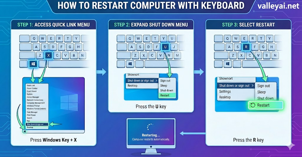 on this inforgraphic full guide mentioned with practical steps of how to restart computer with keyboard.