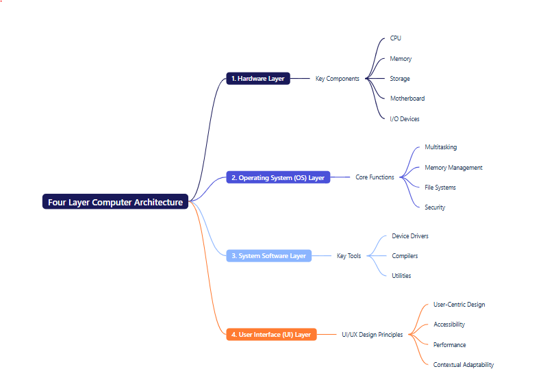 Four main layers of computer architecture diagram: User Interface → Software → OS → Hardware.