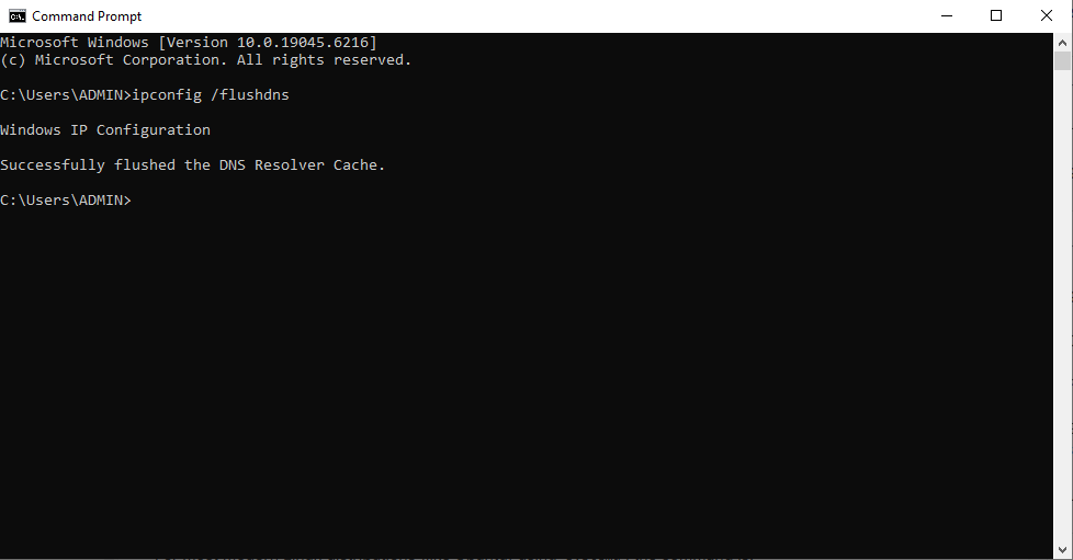 A screenshot of the Windows Command Prompt showing the ipconfig /flushdns command and the successful output.
