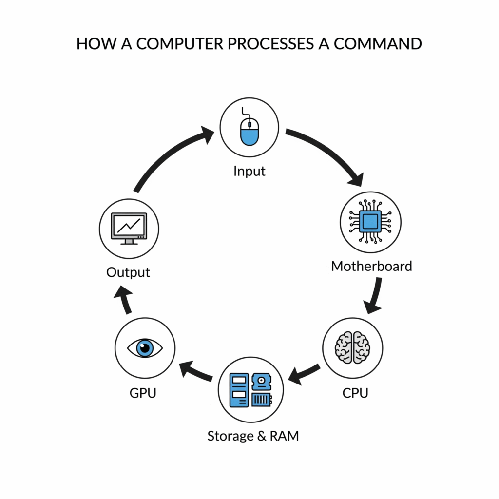 A simple flowchart diagram showing how a computer processes a command, starting with user input and ending with output on the screen.
