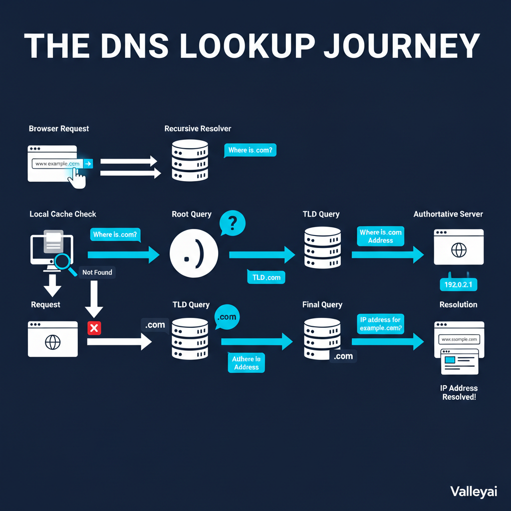 The 8 Steps of a DNS Lookup, To visualize the journey of a DNS query, let’s break down exactly what happens when you visit www.example.com: full detail infographic and all steps written on this infographic