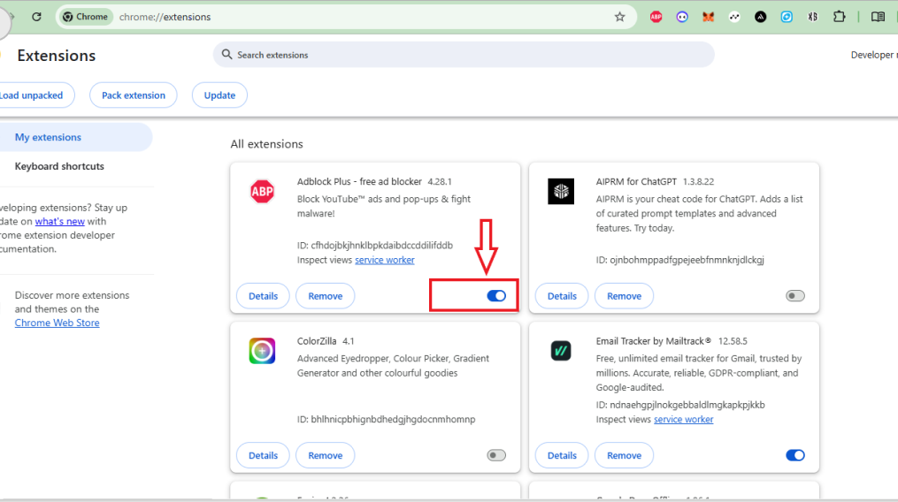 screenshot of the Extensions page at "chrome://extensions" showing the on/off toggle for an extension.