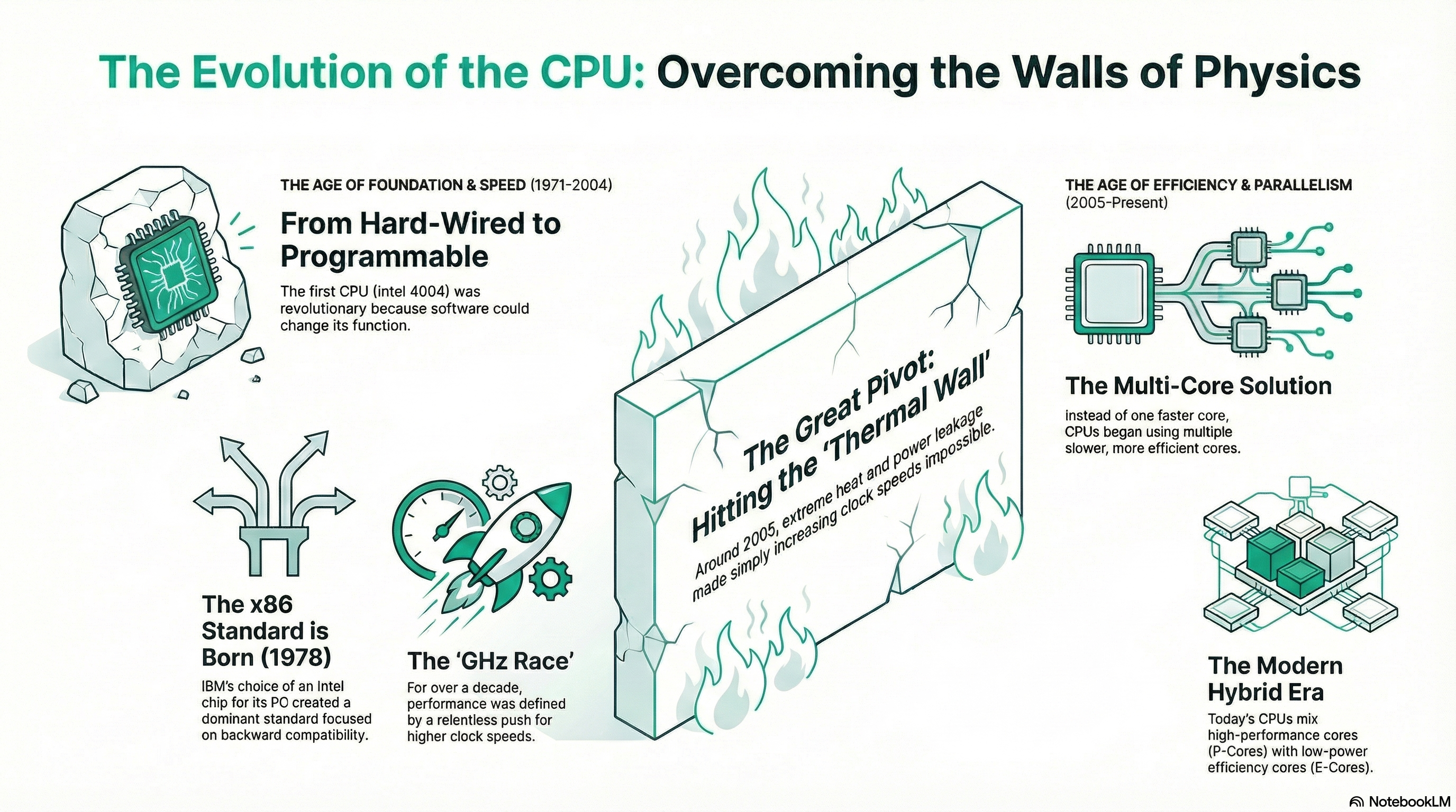 The history of the CPU: From 4-Bit Calculators to Hybrid Architectures written on this infographic.