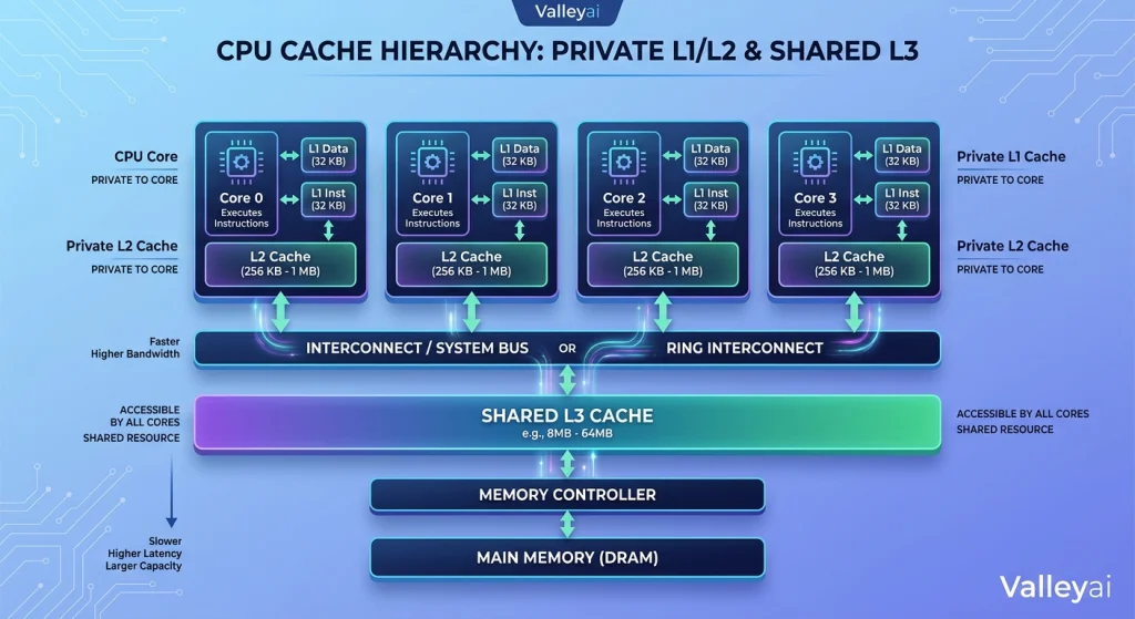 This diagram showing one CPU with private L1/L2 caches per core and a shared L3 cache beneath them.