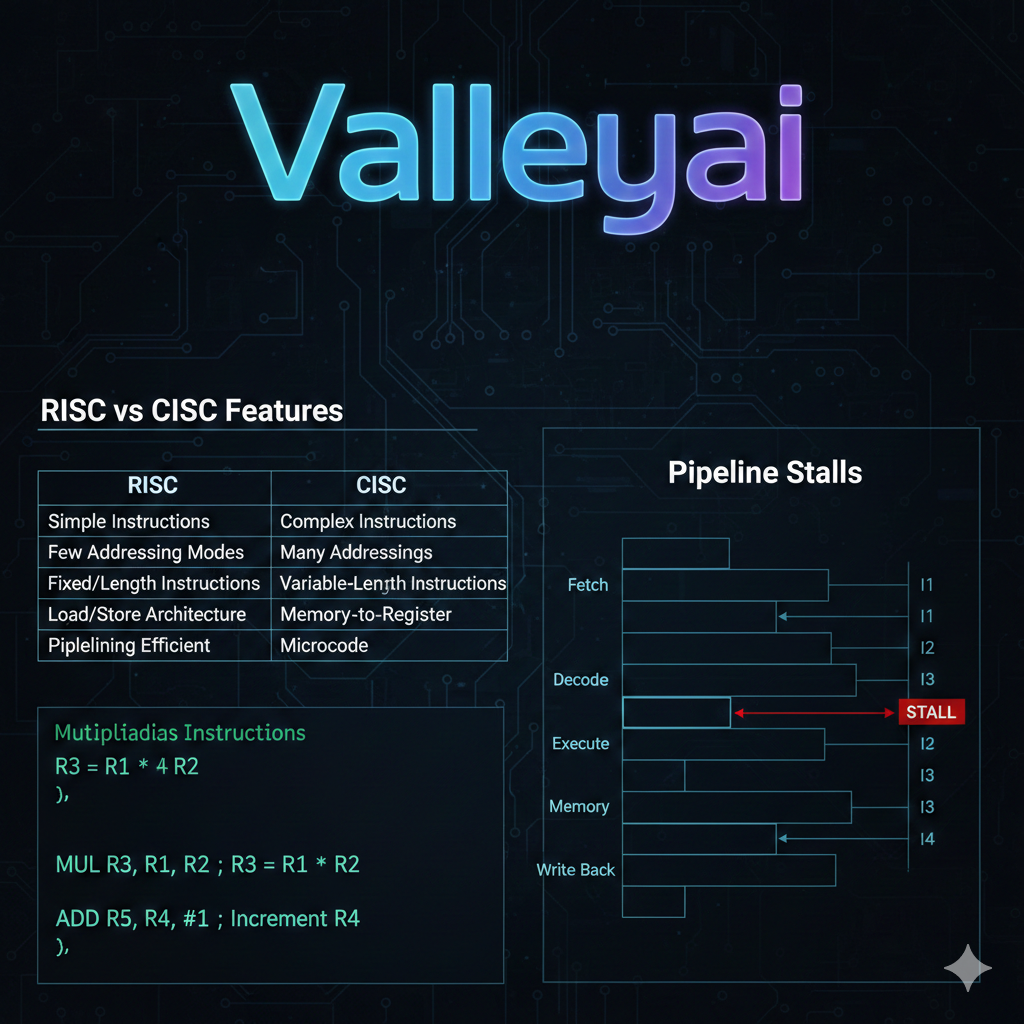 Comparison Table (RISC vs CISC features)
Code Block Image (Multiplication Example)
Diagram showing Pipeline Stalls