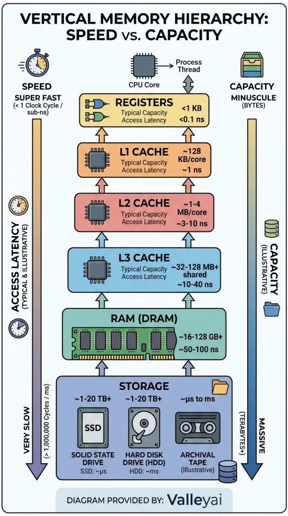 A vertical memory hierarchy diagram showing registers, L1, L2, L3, RAM, and storage, with capacity increasing downward and typical access latency increasing downward.