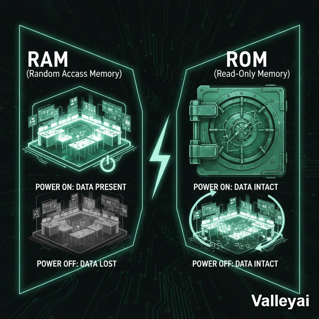 Diagram: RAM as a powered workspace vs ROM as a permanent sealed data vault.