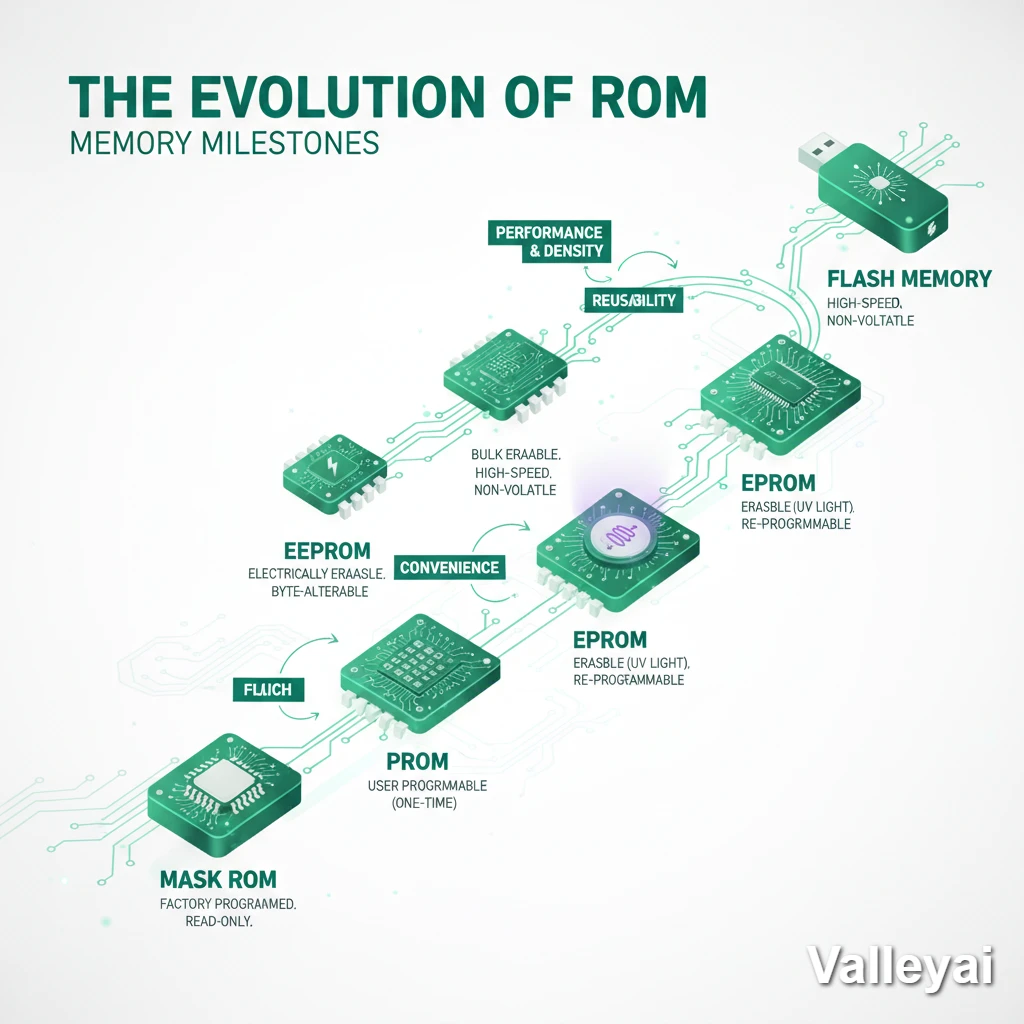 Visual timeline: ROM evolution from Mask ROM, PROM, EPROM, EEPROM to Flash Memory.
