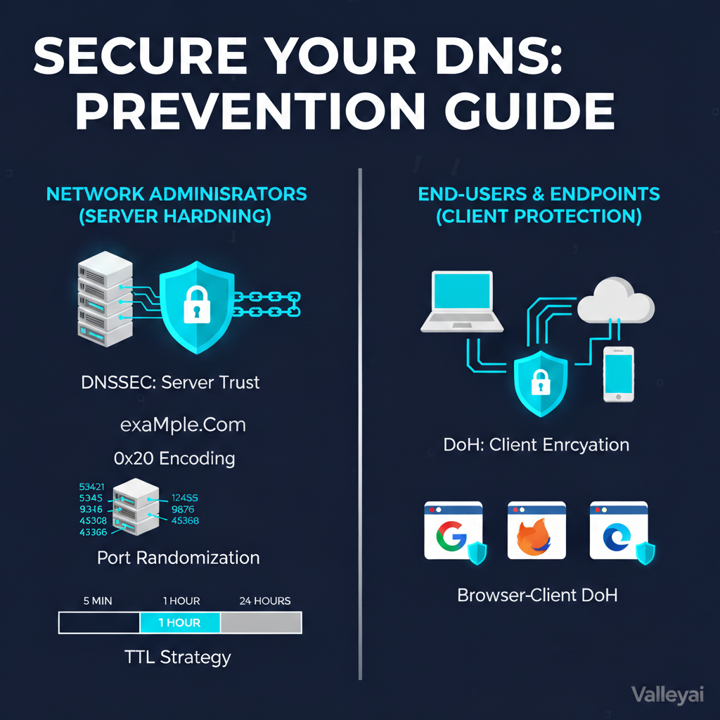 Best Practices: Prevention Techniques & Configuration about DNS spoofing is written on this infographic.