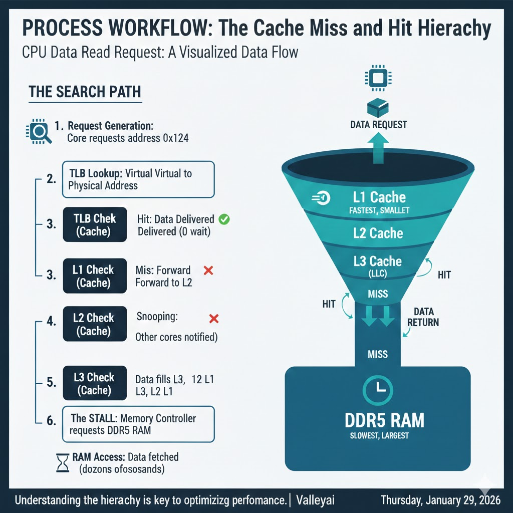 Process Workflow: The Cache Miss and Hit Hierarchy. all workflow explained on this infographic.