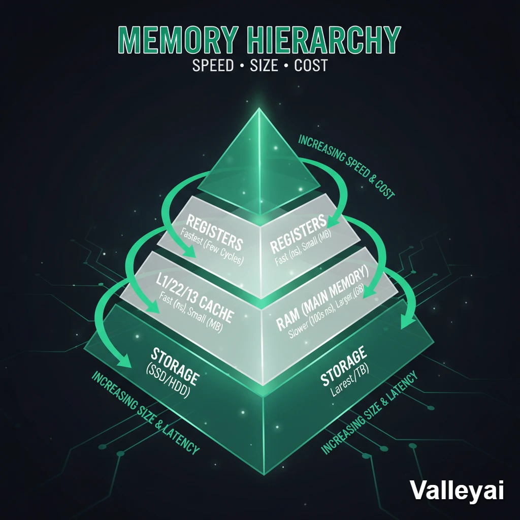 Infographic: Memory hierarchy pyramid from registers to storage, with speed and size levels.