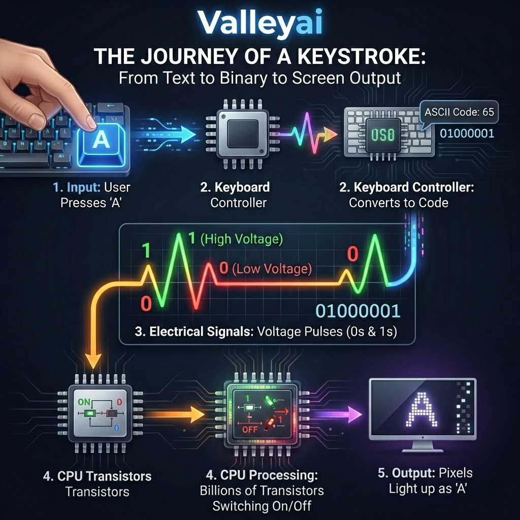 Flowchart showing how keyboard input converts to binary voltage pulses and CPU processing.