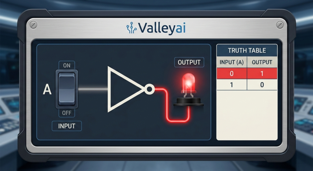 Diagram showing a NOT gate with one toggle switch labeled A as input, and one LED as output. The LED turns OFF when the switch is ON, and turns ON when the switch is OFF.