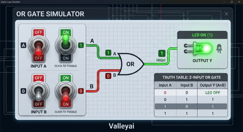 Diagram showing an OR gate with two toggle switches labeled A and B as inputs, and one LED as output. The LED lights up when either switch A or switch B is ON, or when both are ON together.
