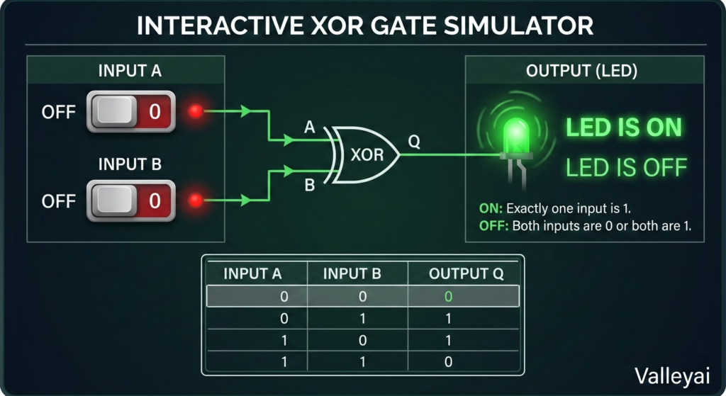 Diagram showing an XOR gate with two toggle switches labeled A and B as inputs, and one LED as output. The LED illuminates only when exactly one switch is ON, and remains OFF when both switches are OFF or both are ON.