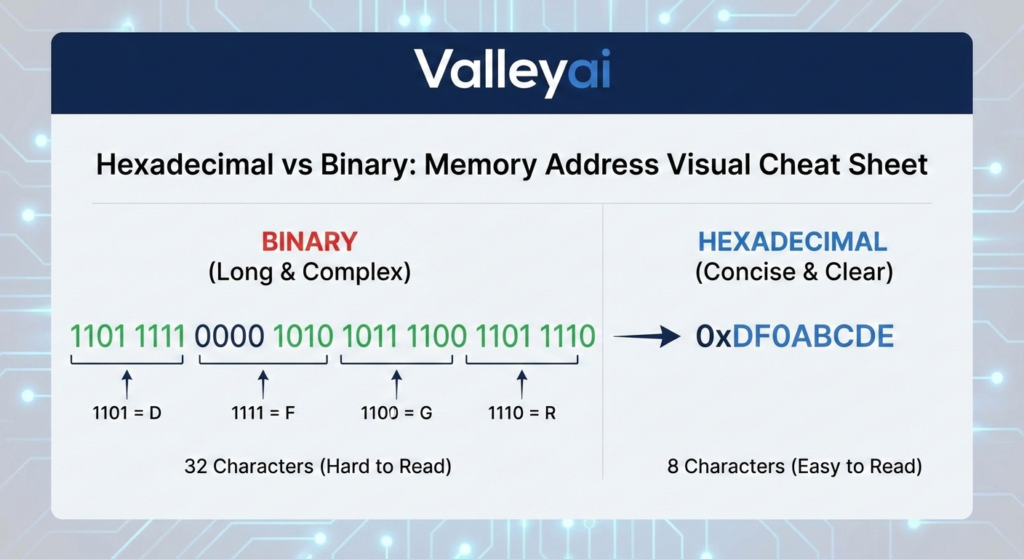 Hexadecimal vs Binary memory address visual cheat sheet for developers showing 32-bit conversion by Valleyai.