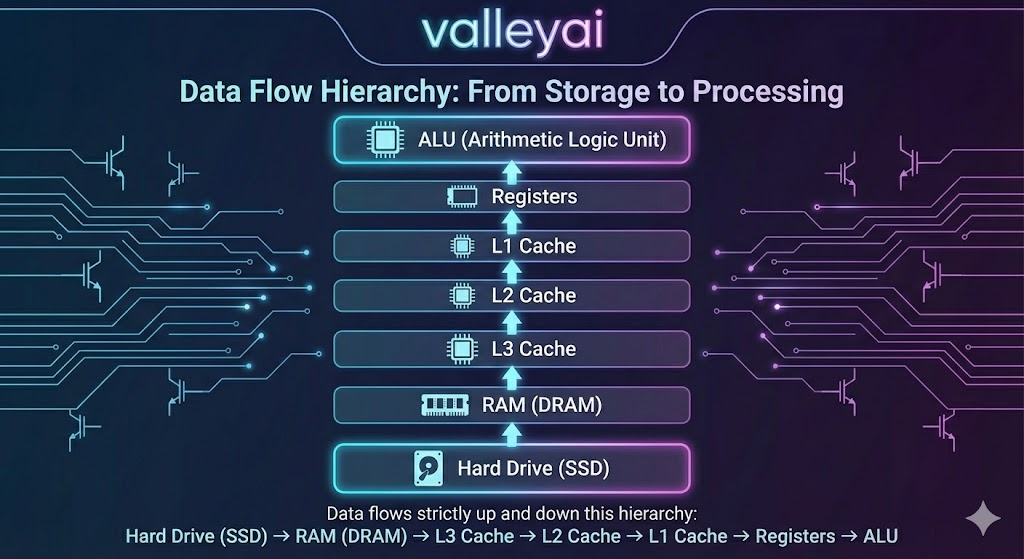 The Architectural Context: The Memory Pyramid.
Data flows strictly up and down this hierarchy from storage to processing:
Hard Drive (SSD) → RAM (DRAM) → L3 Cache → L2 Cache → L1 Cache → Registers → ALU