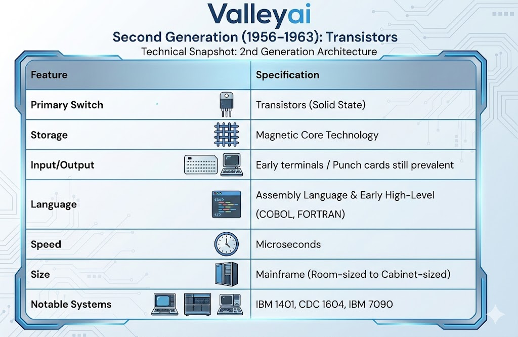 Second Generation (1956–1963): Transistors. all details about 2nd generations of computers explained on this infographic with elements.