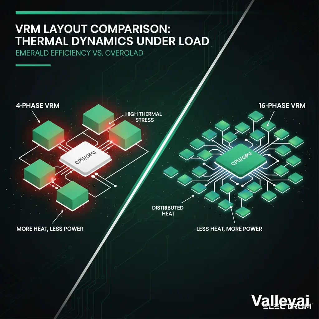 Diagram comparing 4-phase vs 16-phase VRM layouts, showing heat distribution under load.
