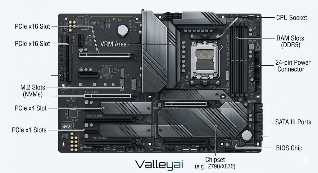 Labeled ATX motherboard diagram with CPU, RAM, PCIe, M.2, SATA, VRM, power, and BIOS callouts.