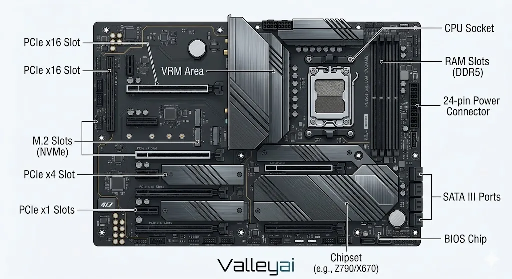 Labeled ATX motherboard diagram with CPU, RAM, PCIe, M.2, SATA, VRM, power, and BIOS callouts.