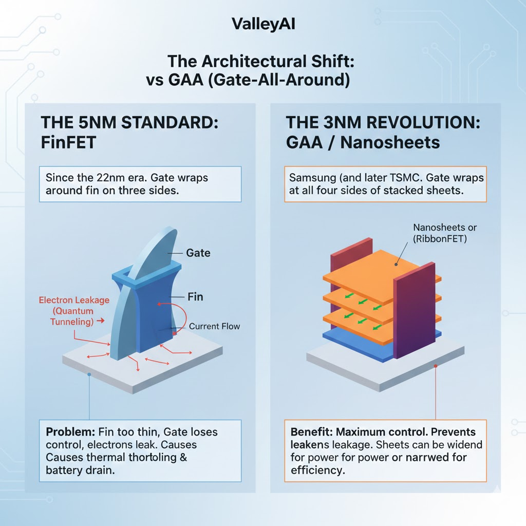 The Architectural Shift: FinFET vs. GAA (Gate-All-Around) 3nm nd 5nm

Visual Concept: A side-by-side diagram showing a FinFET (3-sided gate) leaking electrons vs. a GAA (4-sided gate) effectively trapping the current.