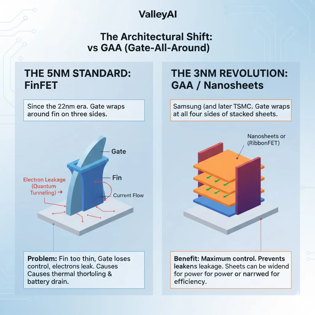 The Architectural Shift: FinFET vs. GAA (Gate-All-Around) 3nm nd 5nm
Visual Concept: A side-by-side diagram showing a FinFET (3-sided gate) leaking electrons vs. a GAA (4-sided gate) effectively trapping the current.
