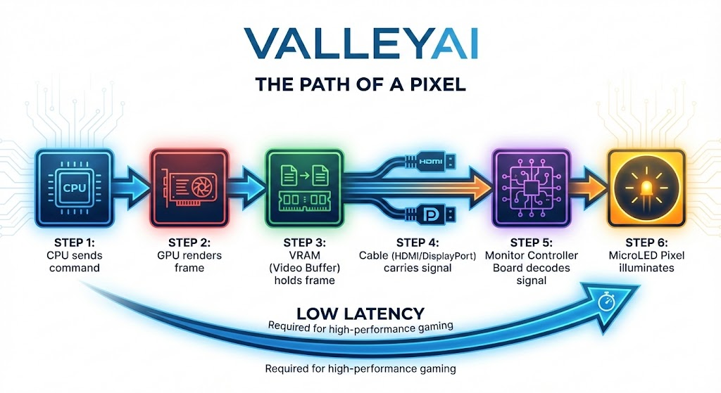 CPU to GPU data flow diagram showing frame rendering, VRAM buffer, HDMI transmission and MicroLED pixel activation