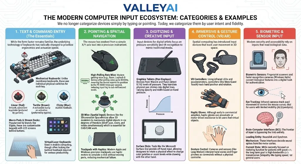 The Modern Computer Input Devices Ecosystem: Categories & Examples all expained on this infographic with images and text in detail.