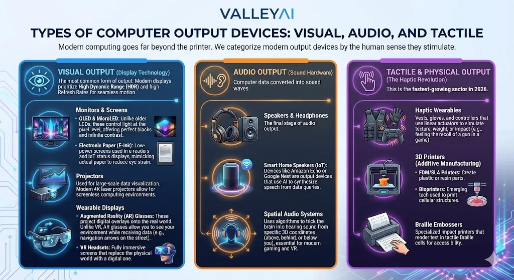 Types of Computer Output Devices: Visual, Audio, and Tactile all explained on this infographic with images and text in details.