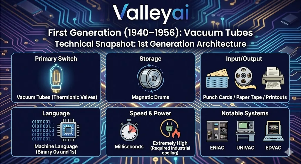 First Generation (1940–1956): Vacuum Tubes. Technical Snapshot and1st Generation Architecture all are described with images on this infographic.