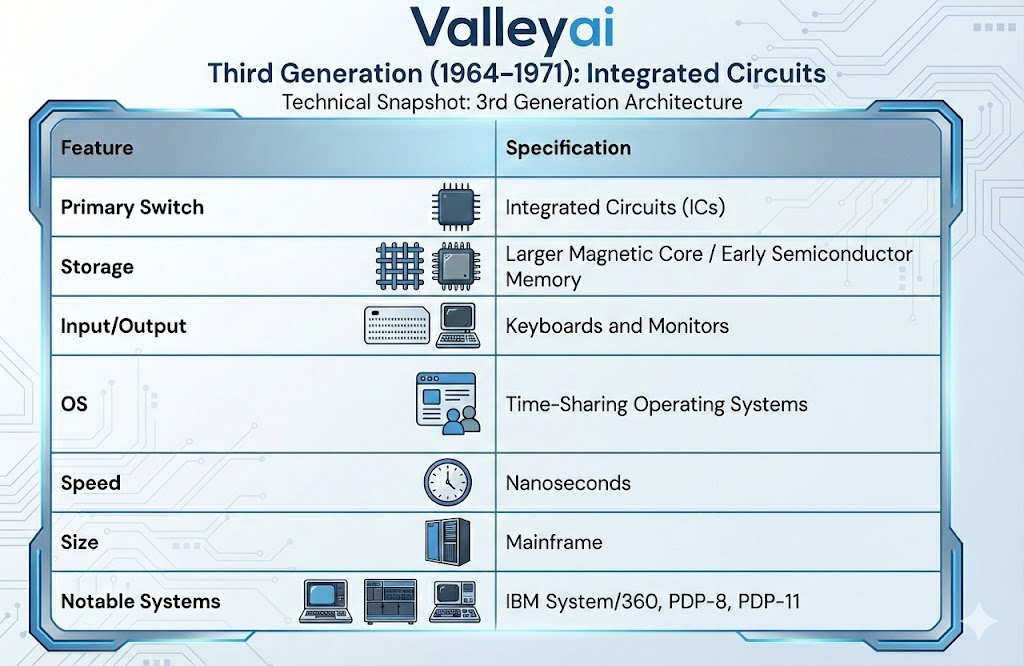 Third Generation (1964–1971): Integrated Circuits. Technical Snapshot: 3rd Generation Architecture. all details explained on this infographic about 3rd generations of computers