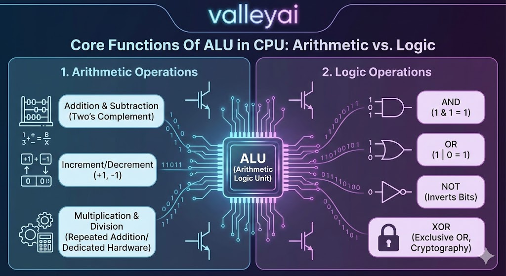 Core Functions Of ALU in CPU: Arithmetic vs. Logic are explained on this infographic.