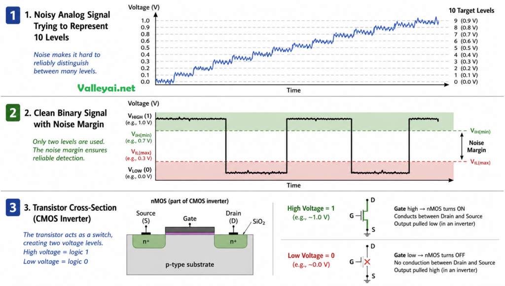 Diagram comparing noisy analog, clean binary voltage levels, and transistor logic.