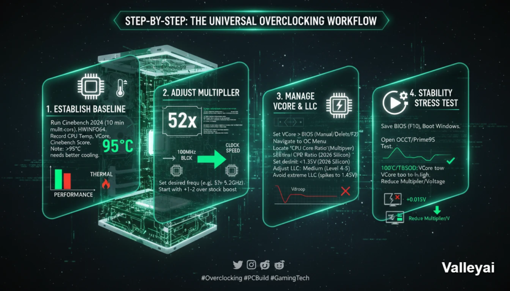 Universal CPU overclocking workflow: baseline, BIOS, VCore, LLC, and stress testing guide.