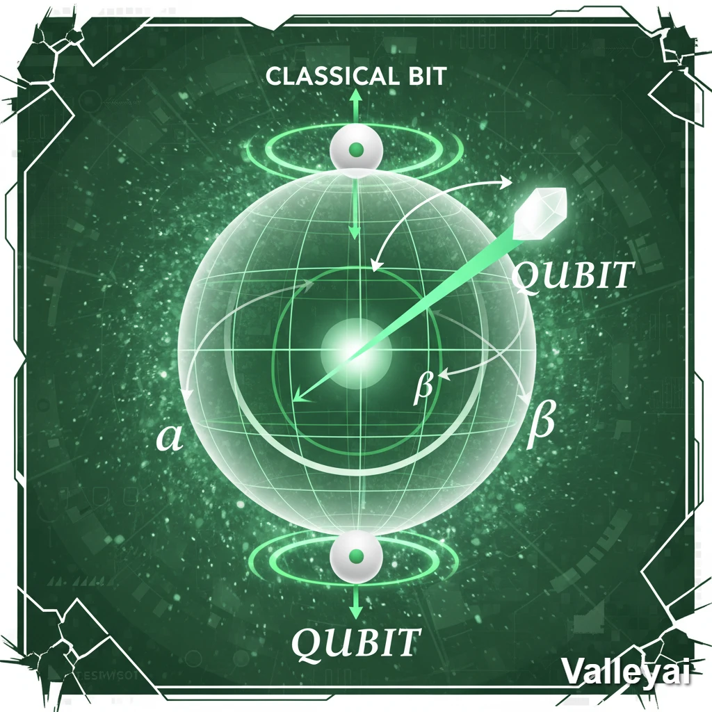 Bloch sphere diagram: Classical bit (poles) versus qubit (surface), showing α, β axes.