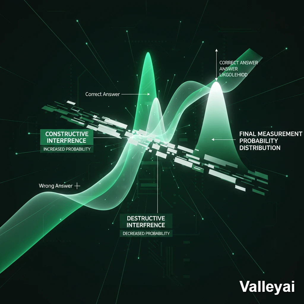 Quantum Wave interference diagram: correct/wrong answer probability waves interfere, showing final measurement distribution.