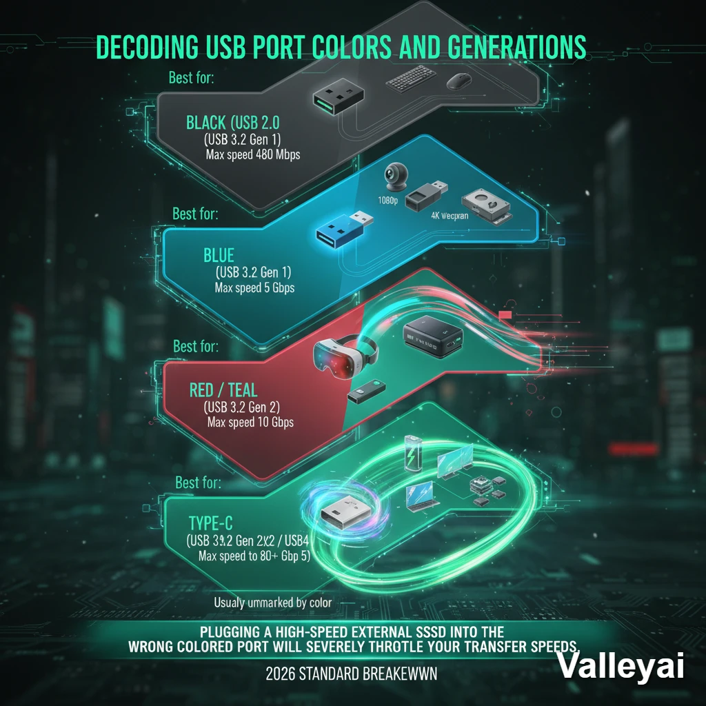 USB port color guide detailing generations, speeds, and best uses.