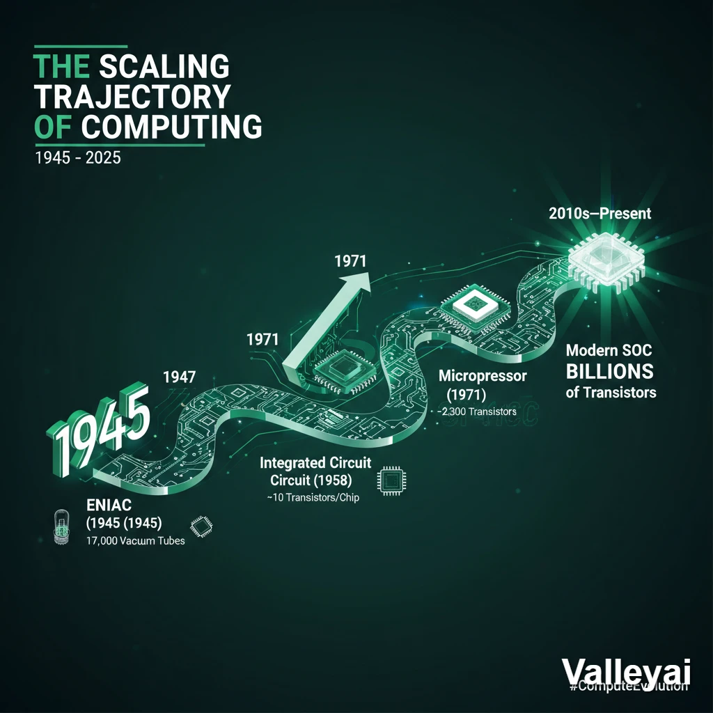 Timeline: Computing milestones (ENIAC to SoC) showing transistor count scaling from 1945-2026.