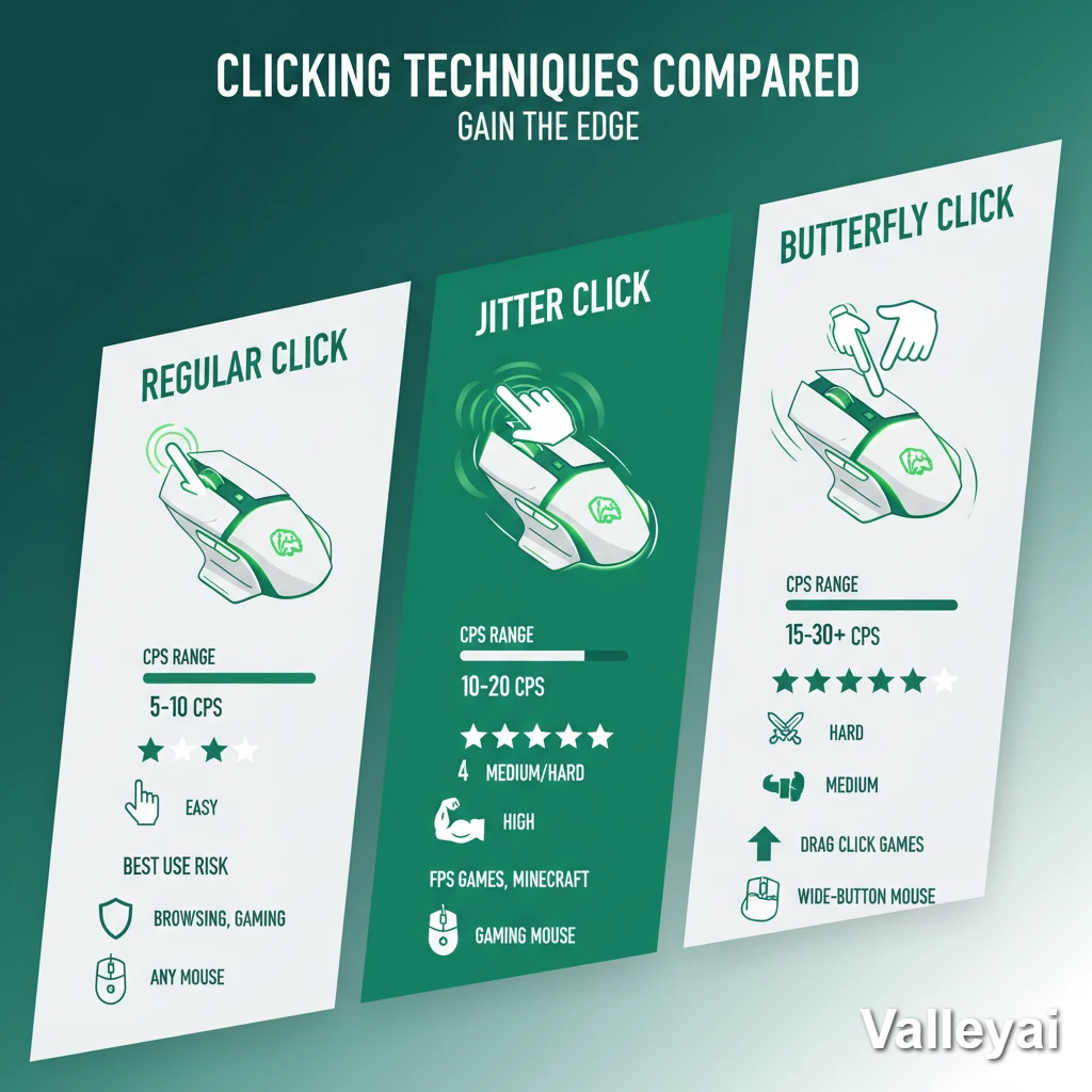 Infographic comparing 3 CPS techniques: range, difficulty, fatigue, use case, mouse type.